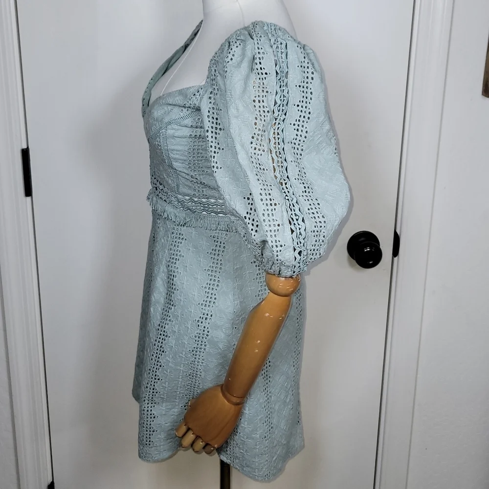 Esther & Co. Saints & Secrets Saige Green Puff Sleeve Eyelet Cotton Dress Size S - Picture 5 of 12
